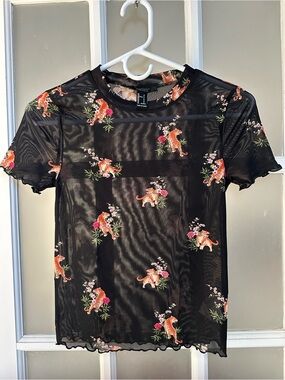 Forever 21 Sheer Black Floral Tiger Print Short Sleeve Top